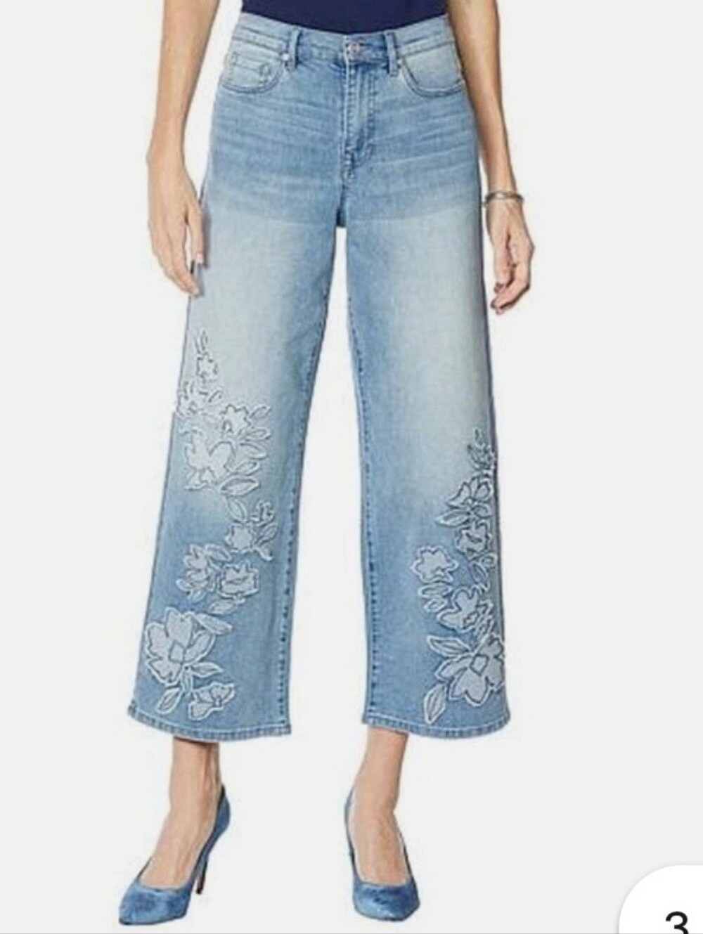 DG2 by Diane Gilman Blue Cropped Wide-Leg Jeans with Floral Embroidery